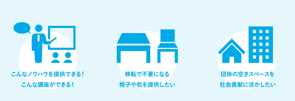こんなノウハウを提供できる!こんな講座ができる! 移転で不要になる椅子や机を提供したい 団体の空きスペースを社会貢献に活かしたい